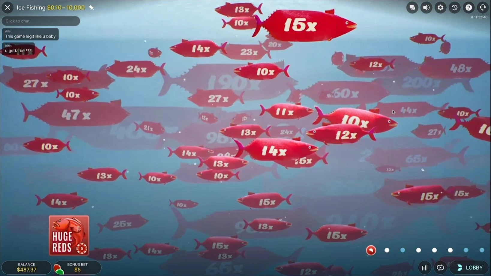 Huge Reds bonus round in Ice Fishing - red fish with multipliers 10x to 500x, up to 5000x max win