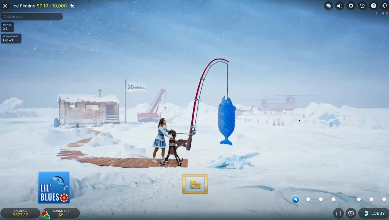 Ice Fishing bonus round animation - live host catching fish with multipliers