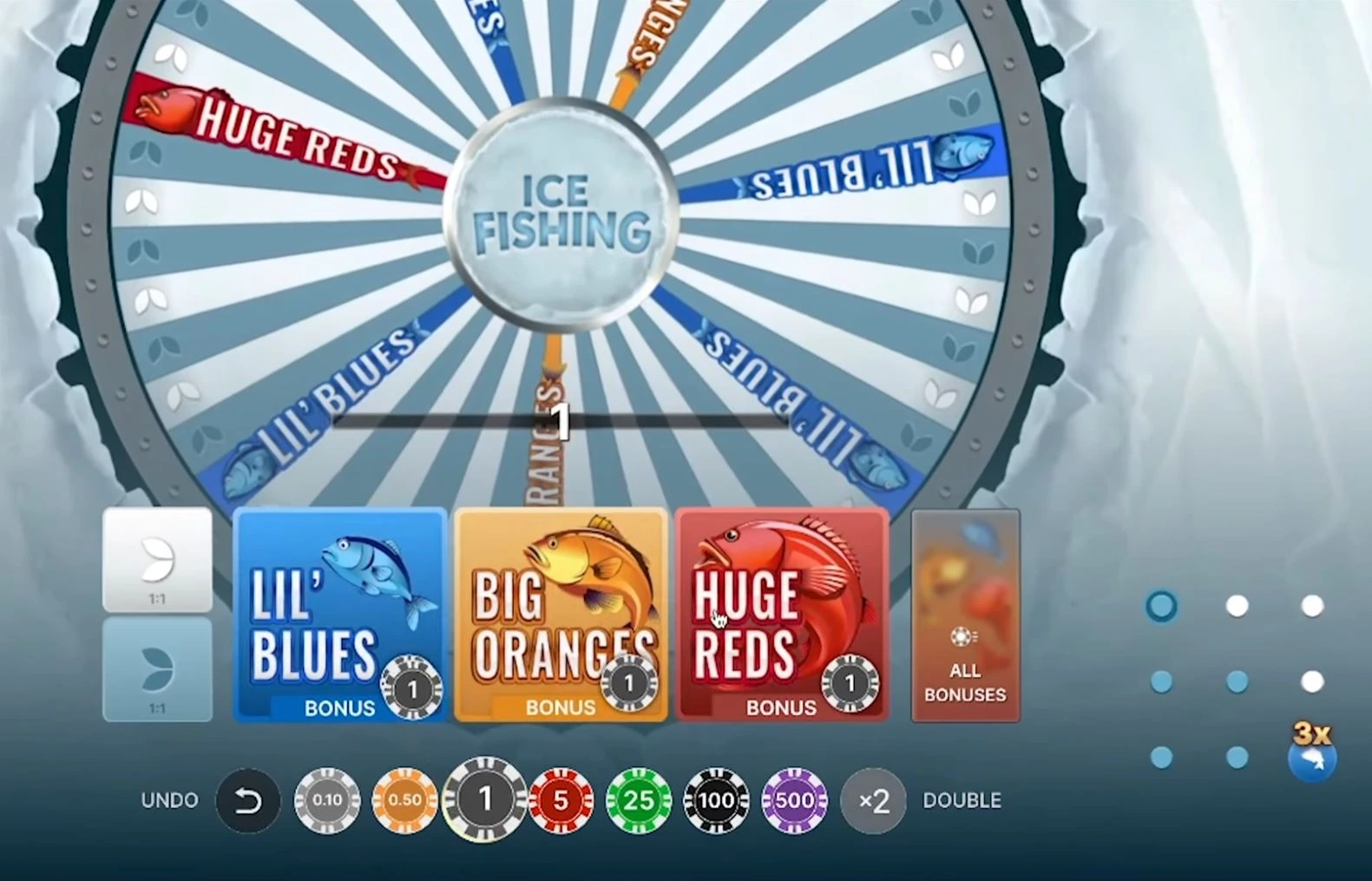 Ice Fishing betting panel showing chip selection and bet placement options