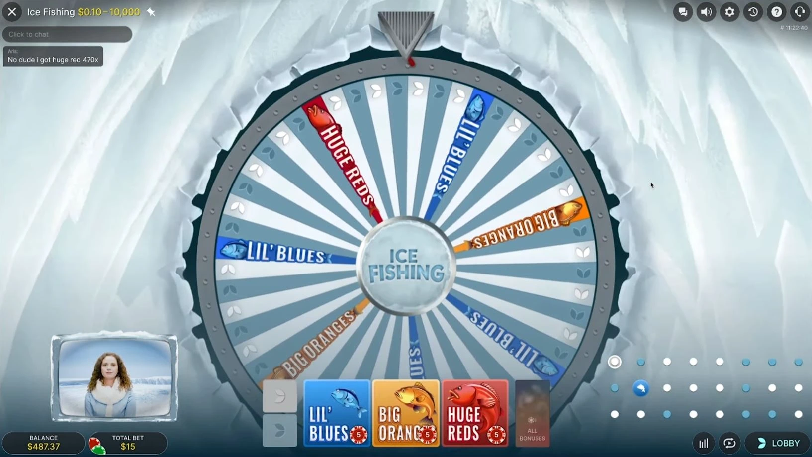 Ice Fishing 53-segment wheel spinning with Leaf, Lil' Blues, Big Oranges and Huge Reds segments